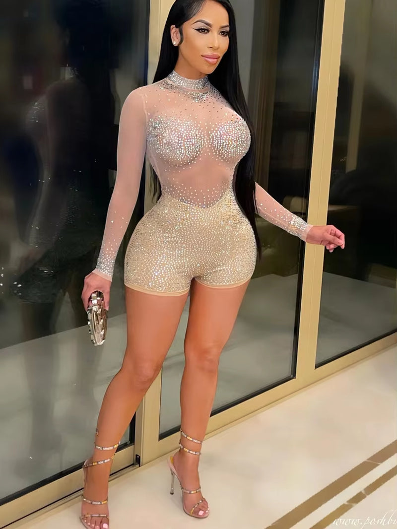 New Chic See through Crystal Romper Summer Sheer Mesh Patchwork Rhinestone Details Short Jumpsuits Birthday Outfits