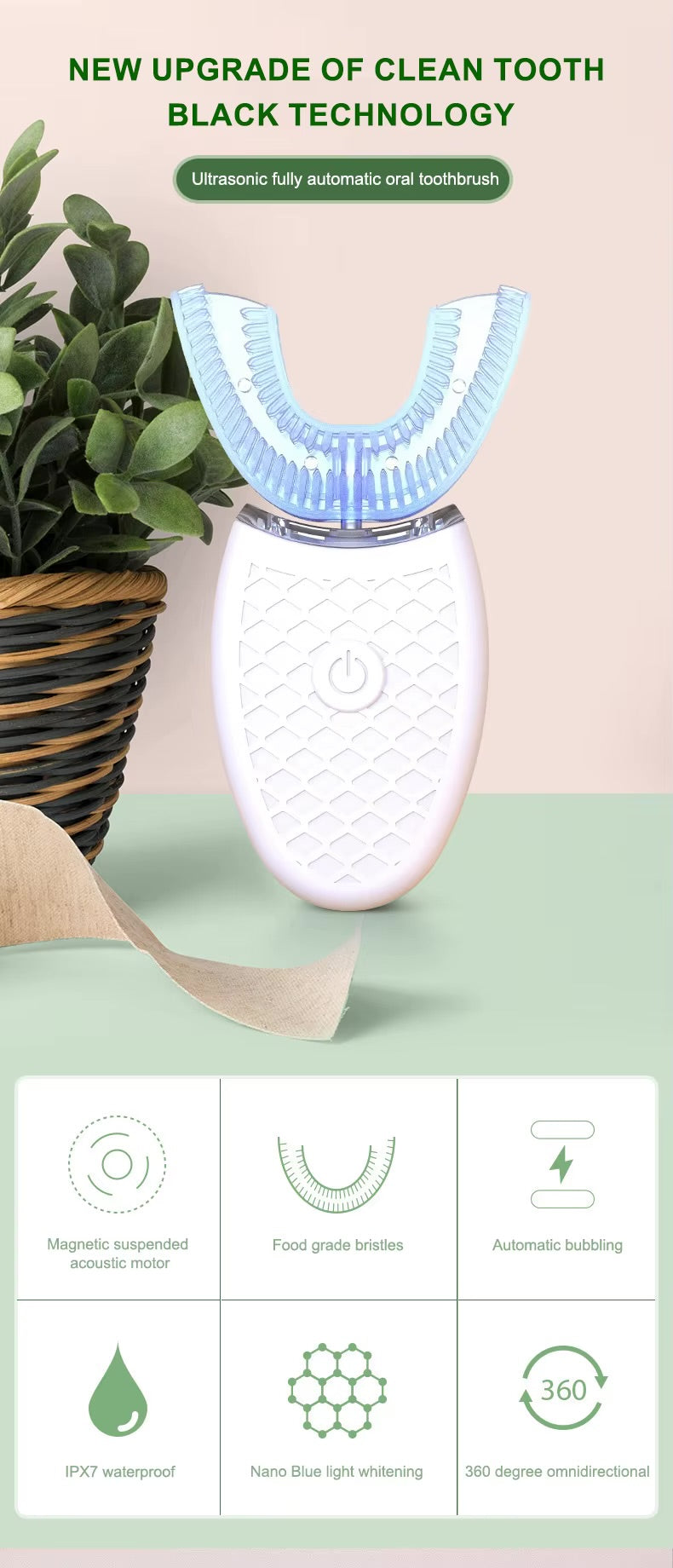 U-Shaped Electric Toothbrush – Ultrasonic 360° Hands-Free Cleaning with LED Light for Teeth Whitening & Gum Care