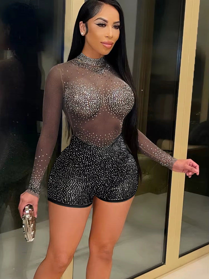 New Chic See through Crystal Romper Summer Sheer Mesh Patchwork Rhinestone Details Short Jumpsuits Birthday Outfits