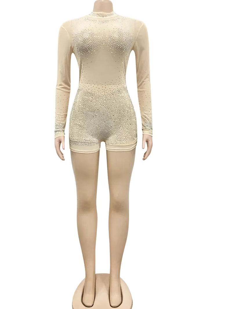 New Chic See through Crystal Romper Summer Sheer Mesh Patchwork Rhinestone Details Short Jumpsuits Birthday Outfits