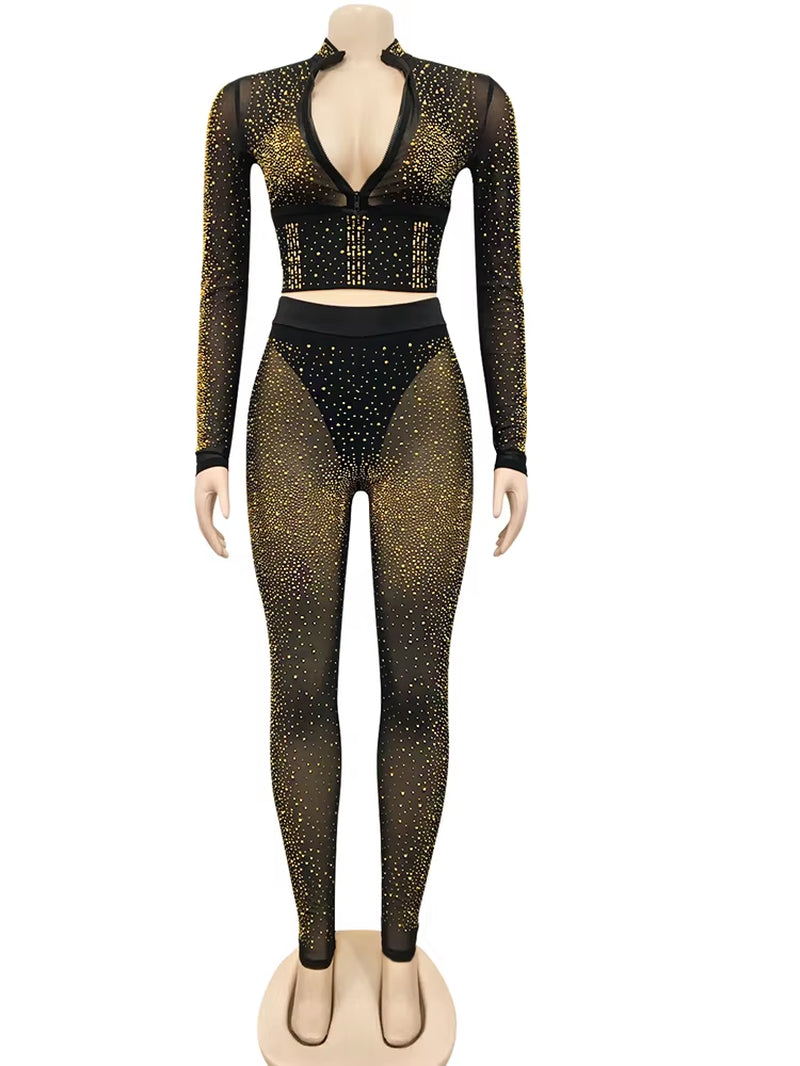 Sparkle Crystal Pants Set Outfits New Spring See through Rhinestone Studded Crop Top and Legging Set Party Club Wears