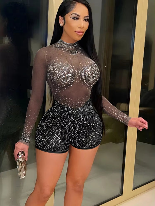 New Chic See through Crystal Romper Summer Sheer Mesh Patchwork Rhinestone Details Short Jumpsuits Birthday Outfits