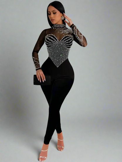 The Celestia Mesh Jumpsuit – Sheer Glamour with Crystal Illusion Detailing