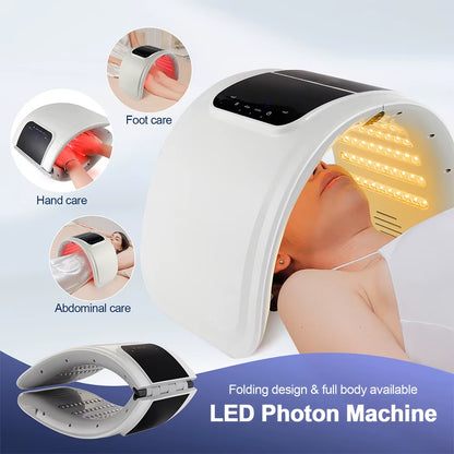 Woman using LED therapy dome on face with yellow lights, infographic below shows additional uses for foot, abdominal, and hand care with foldable design.