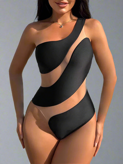 Black One Piece Swimsuit Sexy Summer Beachwear Woman 2024 One Shoulder Swimwear Korean Style Patchwork Bathing Suit Lady