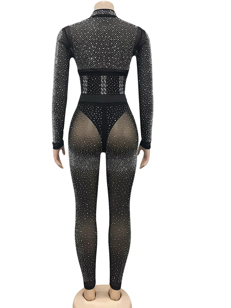 Sparkle Crystal Pants Set Outfits New Spring See through Rhinestone Studded Crop Top and Legging Set Party Club Wears