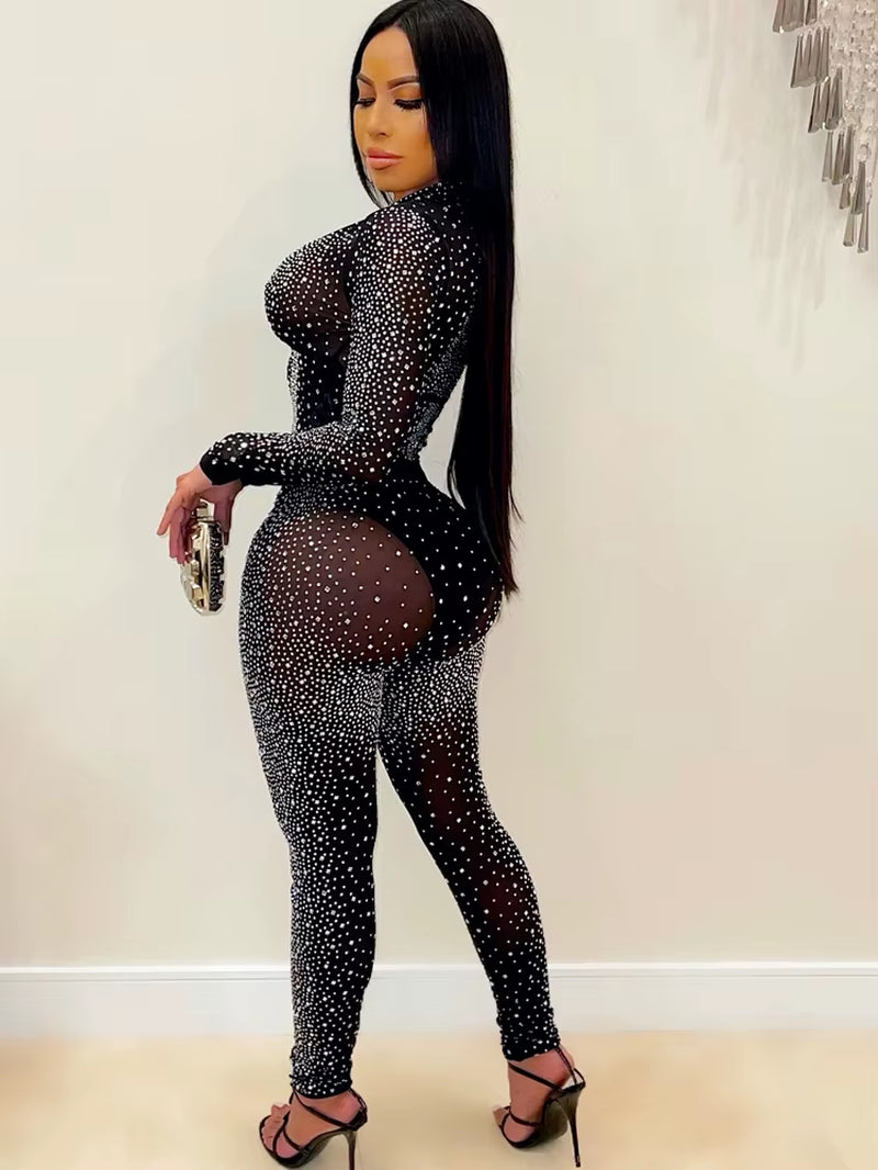Sparkle Crystal Pants Set Outfits New Spring See through Rhinestone Studded Crop Top and Legging Set Party Club Wears