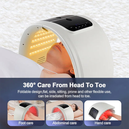 Woman using LED therapy dome on face with yellow lights, infographic below shows additional uses for foot, abdominal, and hand care with foldable design.