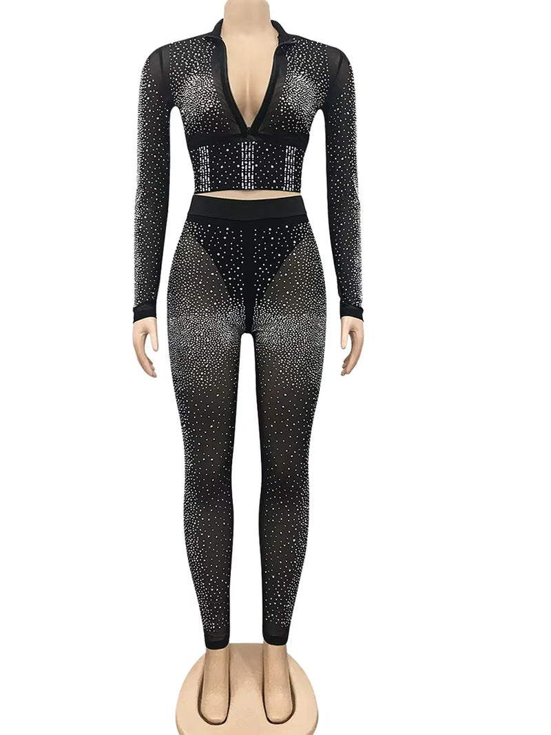 Sparkle Crystal Pants Set Outfits New Spring See through Rhinestone Studded Crop Top and Legging Set Party Club Wears